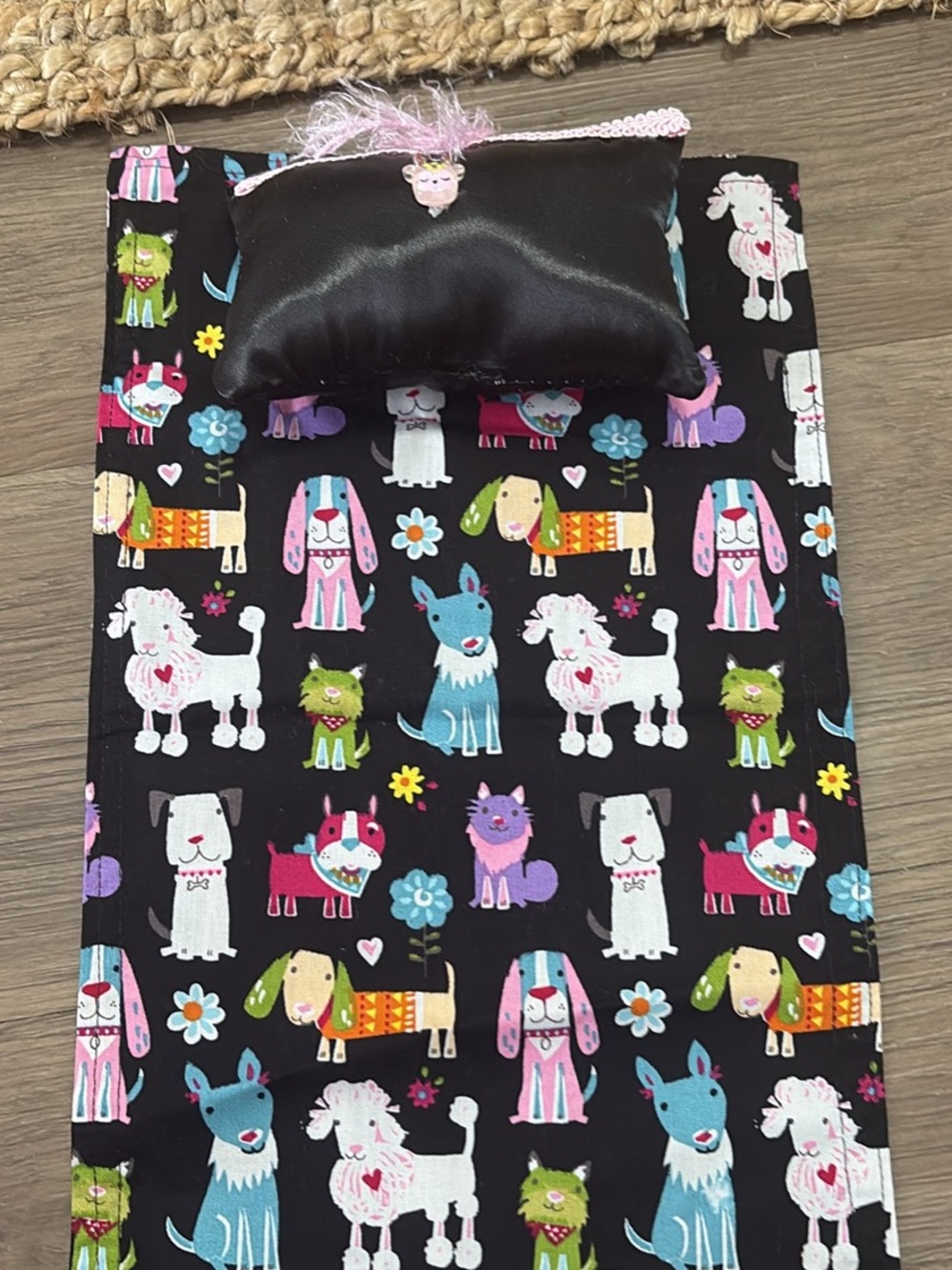 Kids Black Puppy Print Doll Sleeping Bag with Pillow